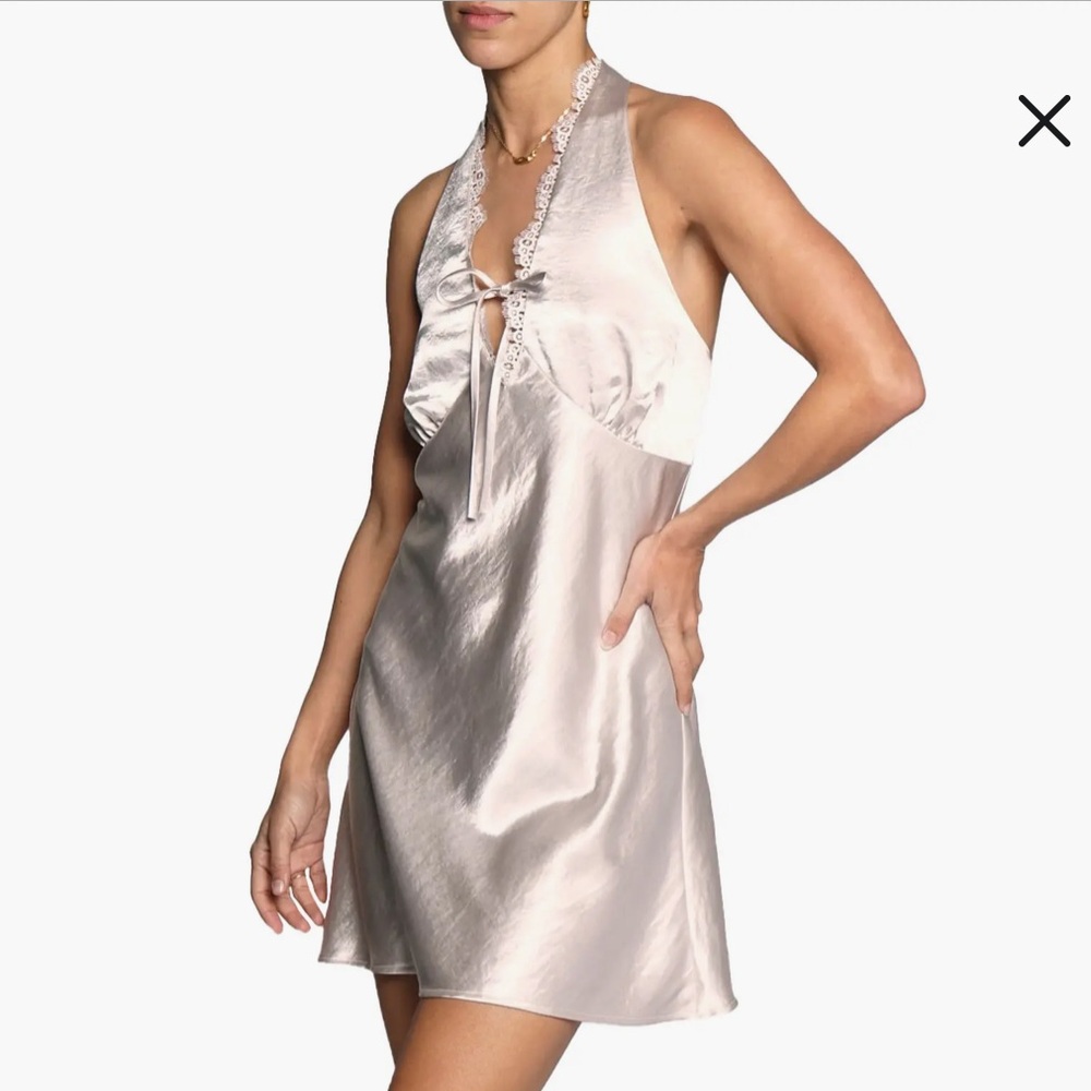 Know One Cares Lace Trim Satin Halter Slipdress